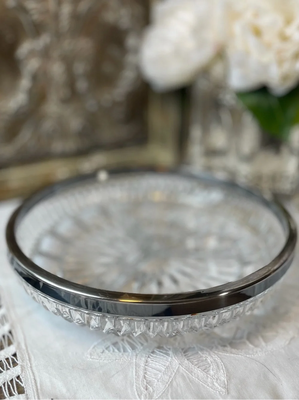 Faceted cut glass round serving dish silver rim Hollywood Regency